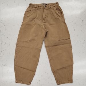 Zara Tan Tapered High Rise Barrel Jeans With Pleated Front Women's Size 4